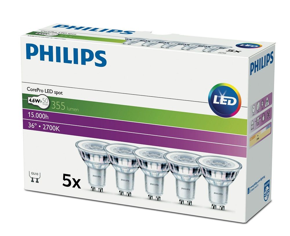 Philips LED spot non dimmable (10-pack) - GU10 36D 4,6W 355lm 2700K 230V